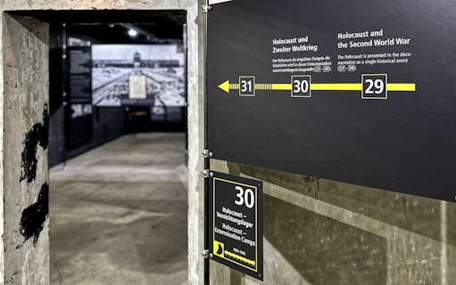 Berlin Story Bunker exhibit on Holocaust and World War II timeline.