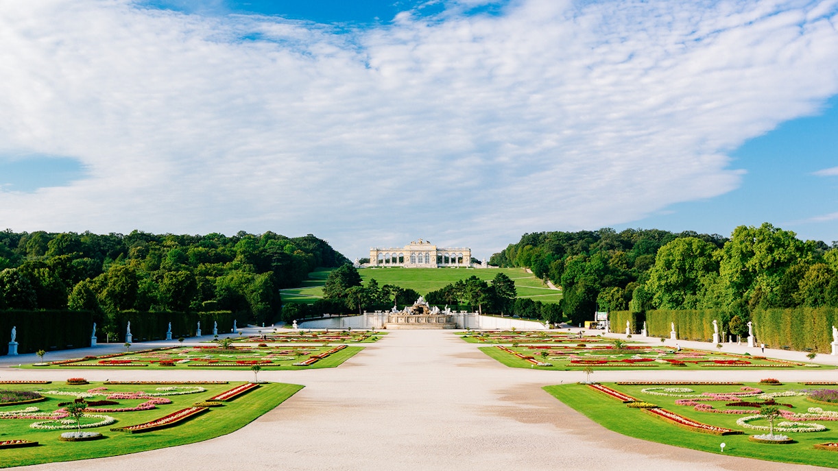 Schönbrunn Palace gardens with Gloriette in Vienna, Austria, part of city tour.