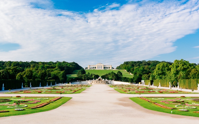 Schönbrunn Palace gardens with Gloriette in Vienna, Austria, part of city tour.