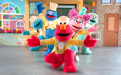 Sesame Street characters in colorful costumes at Sesame Place Philadelphia.