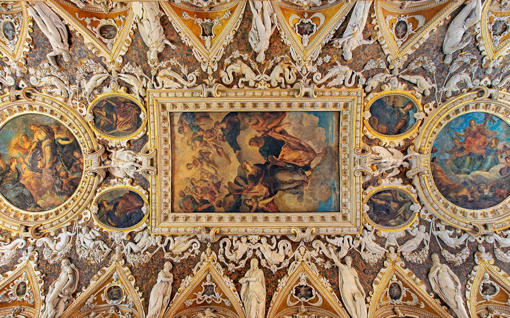 Ceiling paintings and ornate details in the Four Doors Room, Doge's Palace, Venice.