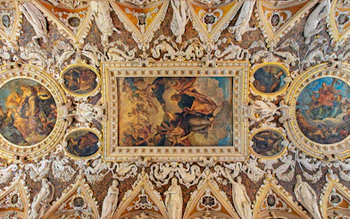 Ceiling paintings and ornate details in the Four Doors Room, Doge's Palace, Venice.