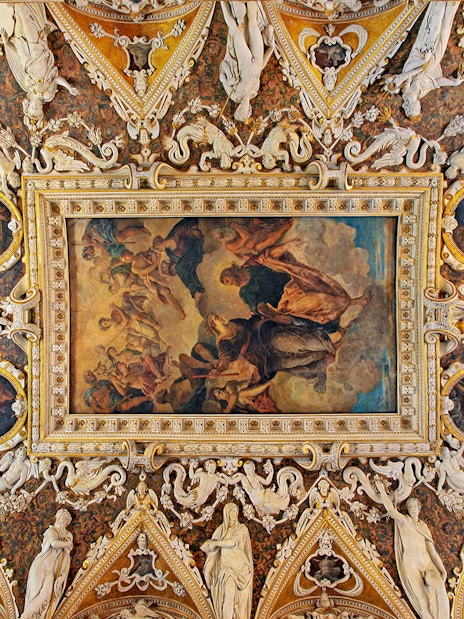 Ceiling paintings and ornate details in the Four Doors Room, Doge's Palace, Venice.