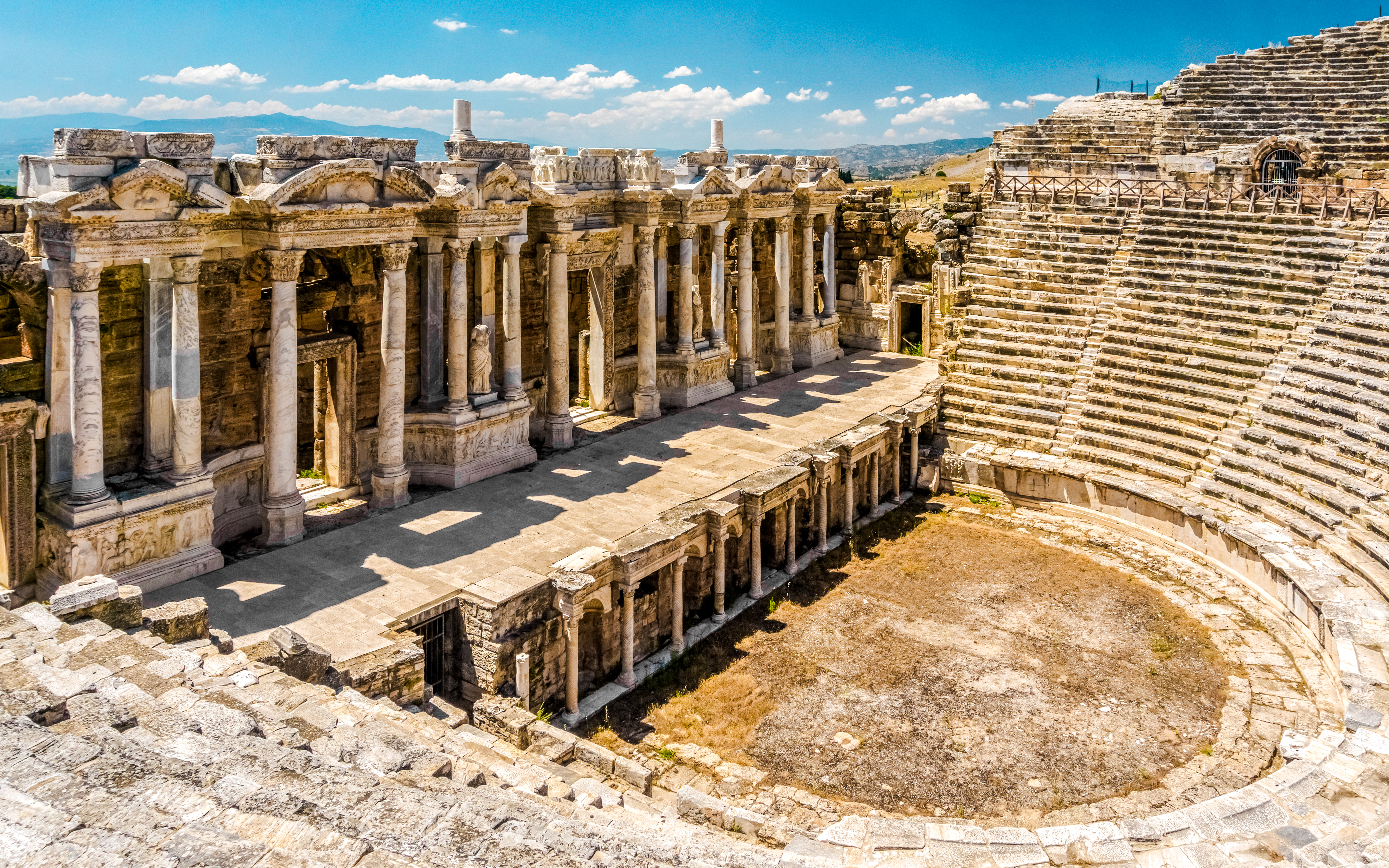 Hierapolis Ancient City Theater with stone seating and stage, Pamukkale, Denizli, Turkey.