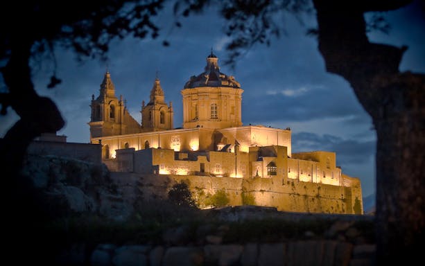 Mdina Cathedral illuminated at night during a 3-hour guided tour in Malta.