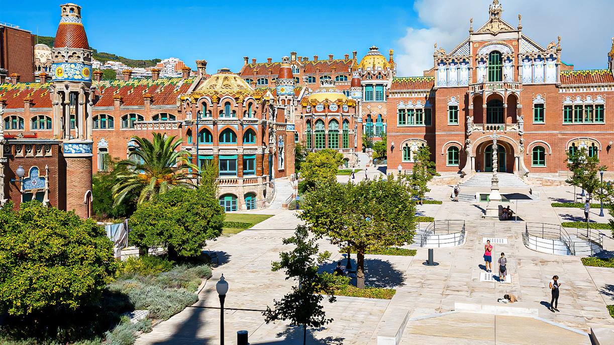 Sant Pau Modernista complex courtyard with ornate architecture in Barcelona, Spain.