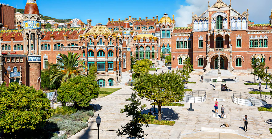 Sant Pau Modernista complex courtyard with ornate architecture in Barcelona, Spain.
