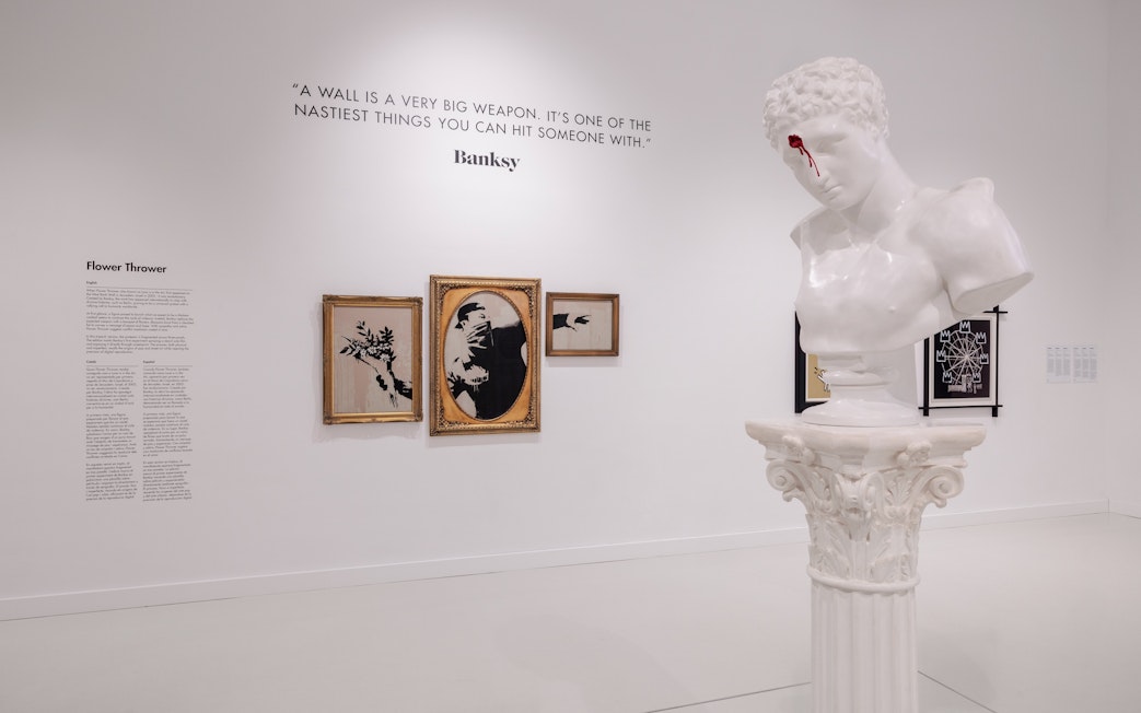 Bust and Banksy artworks at Moco Museum Barcelona exhibit.