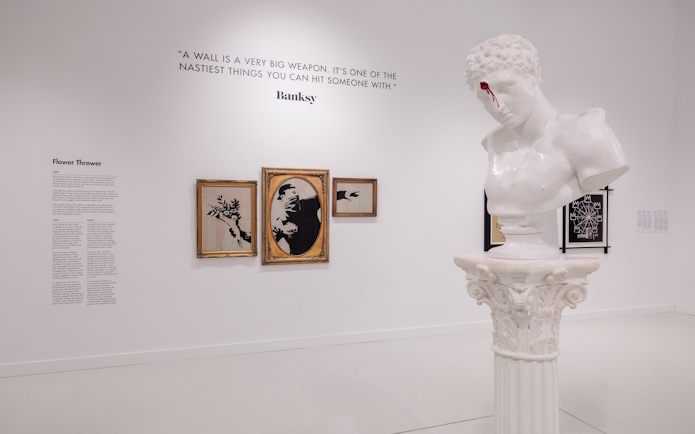 Bust and Banksy artworks at Moco Museum Barcelona exhibit.