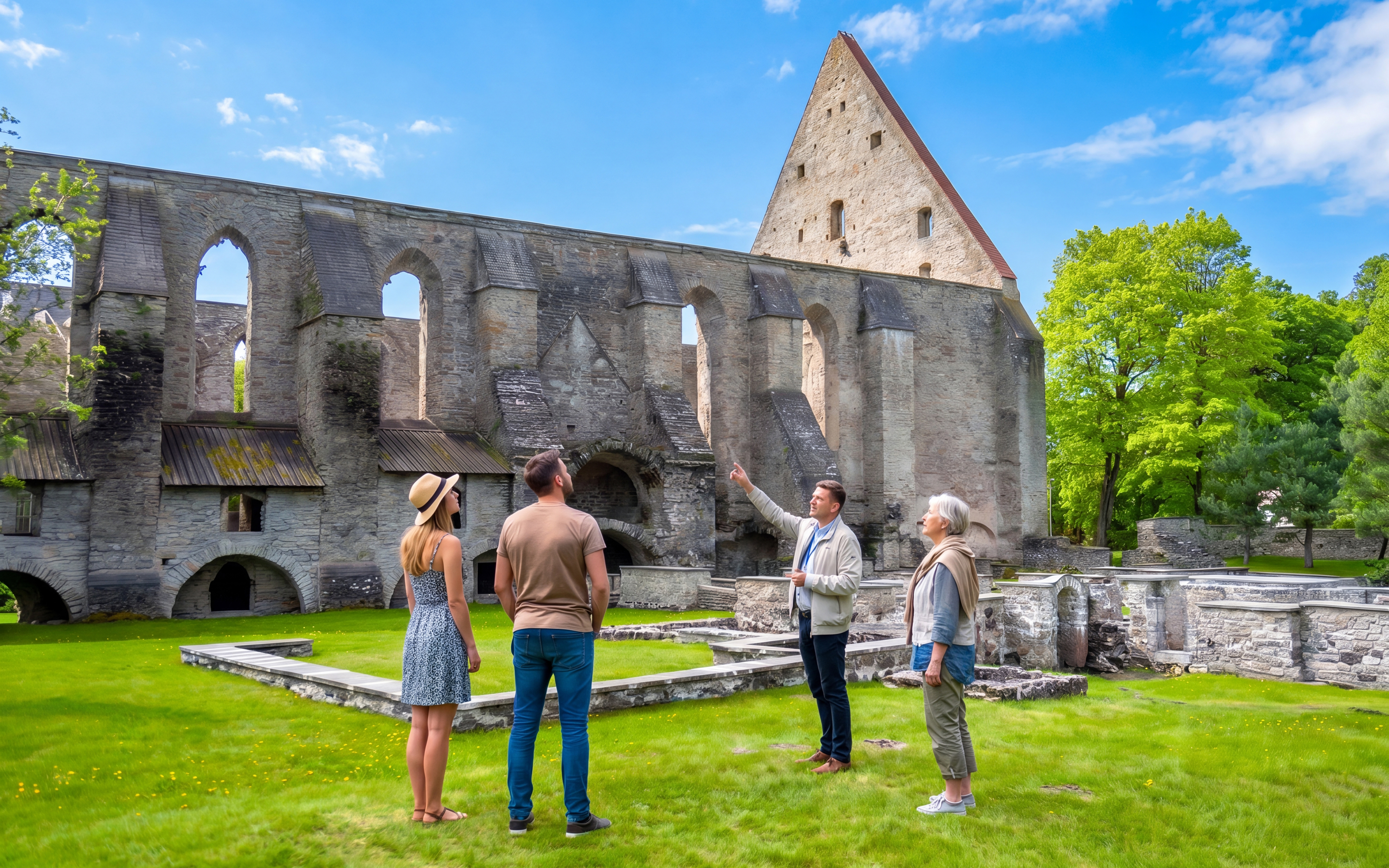 Tour group exploring St. Bridget’s Convent ruins in Tallinn, Estonia.
