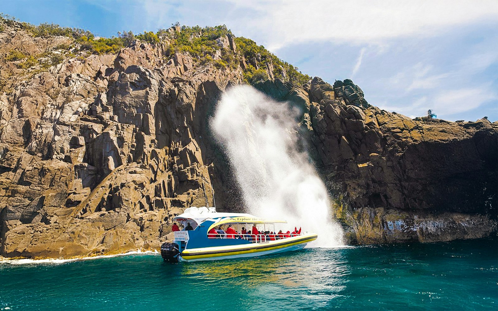 Bruny Island Wilderness Cruise boat navigating rugged coastline with cliffs and sea caves.
