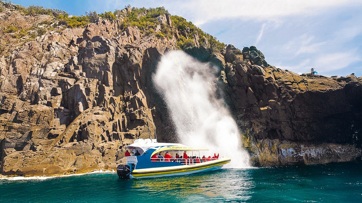 Bruny Island Wilderness Cruise boat navigating rugged coastline with cliffs and sea caves.