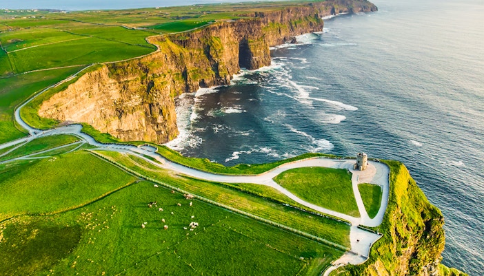 Cliffs of Moher coastline with O'Brien's Tower, Ireland.