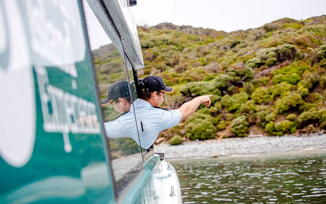 Guide pointing to green coastline from a boat on Stewart Island.
