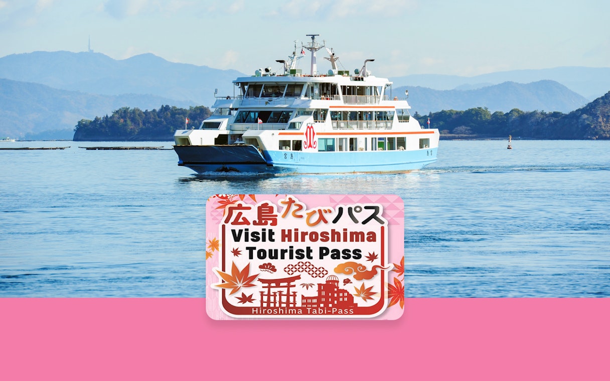Ferry on Hiroshima Bay with Hiroshima Tourist Pass sign in foreground.