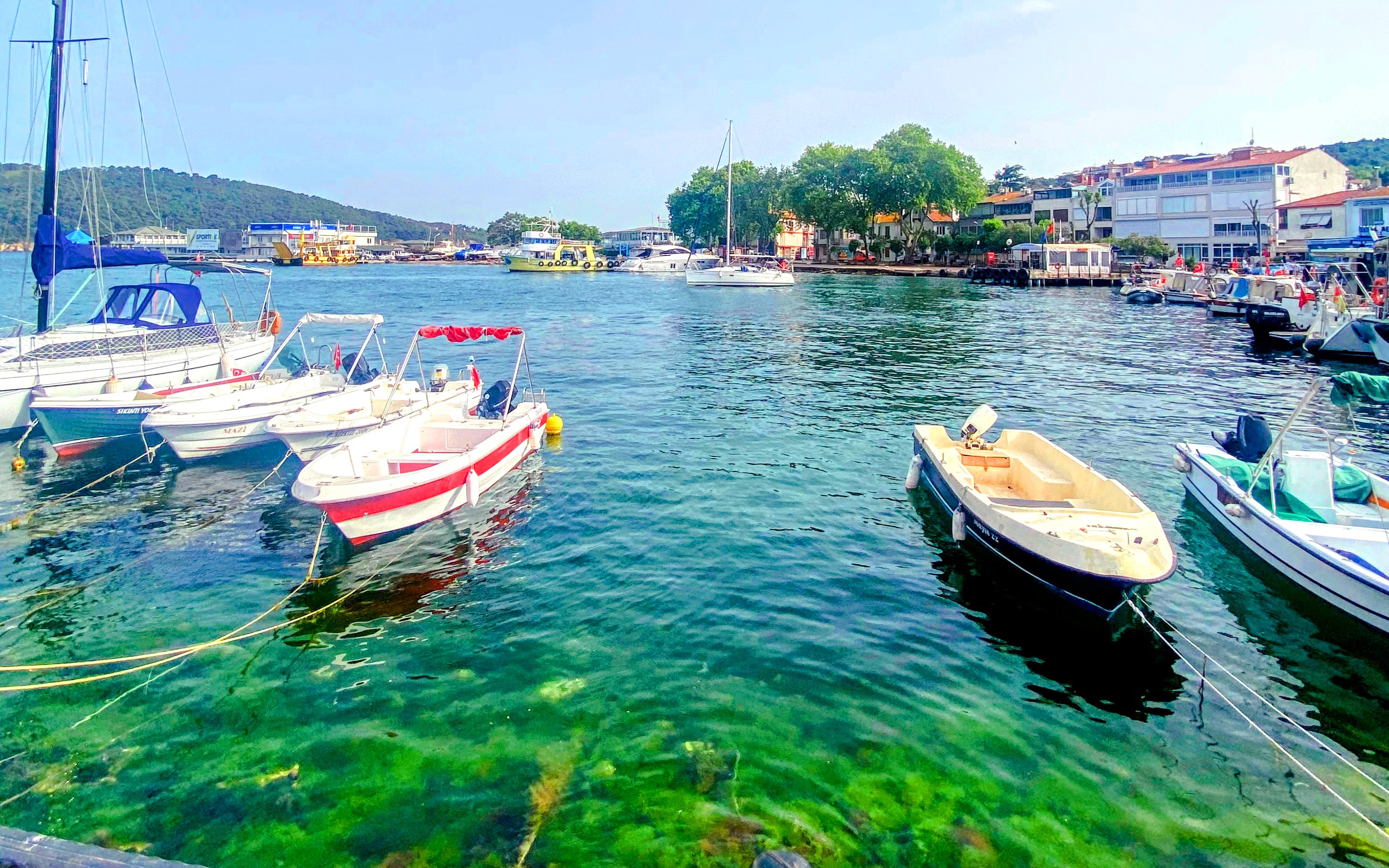 Boats docked at the harbour in Princes Islands, Istanbul, with waterfront buildings in the background.