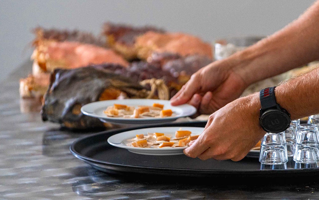 Plates of local Arctic cuisine being served on the Tromso Fjord Cruise.