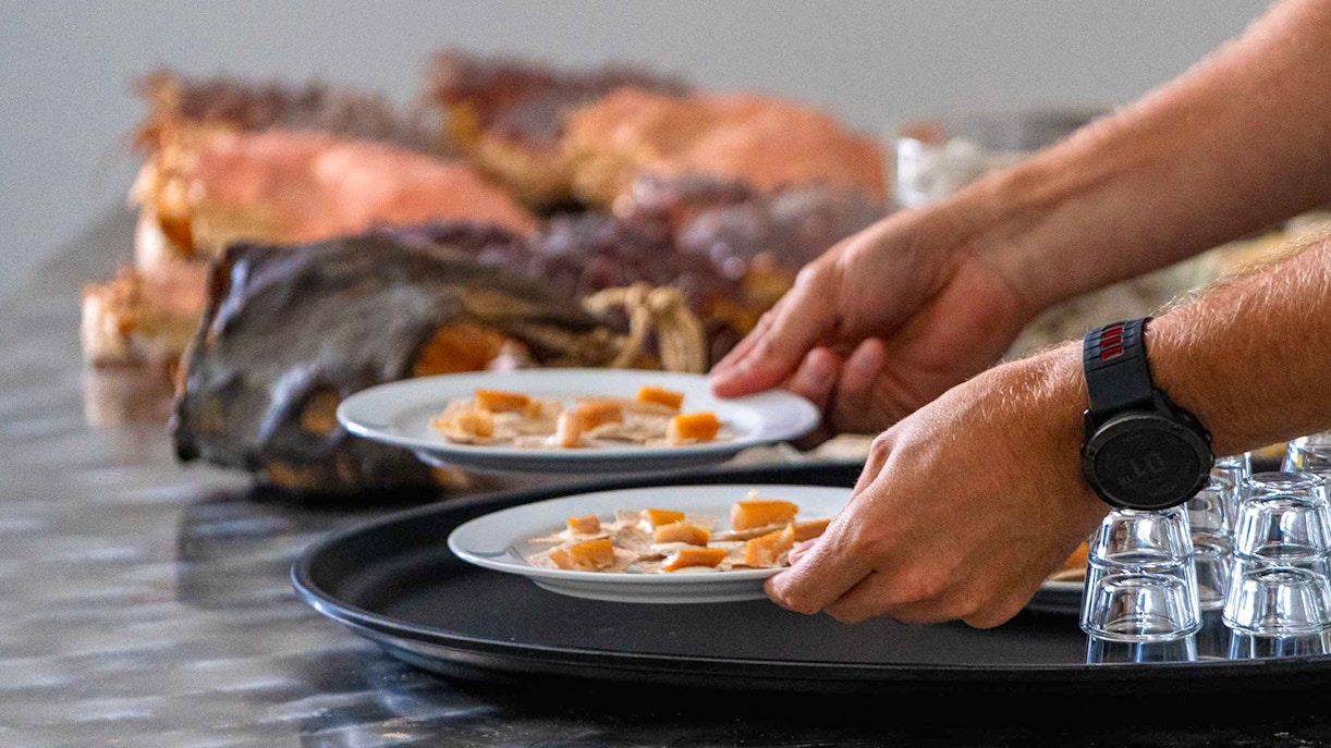 Plates of local Arctic cuisine being served on the Tromso Fjord Cruise.