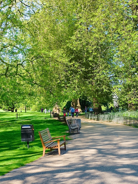Pathway through a park with benches and trees, part of the Westminster guided tour.