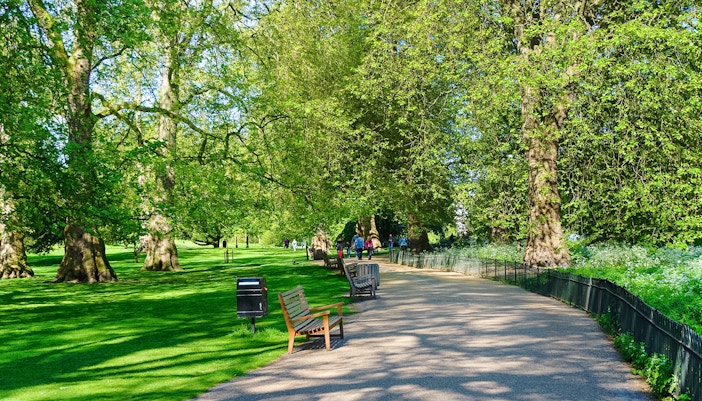 Pathway through a park with benches and trees, part of the Westminster guided tour.
