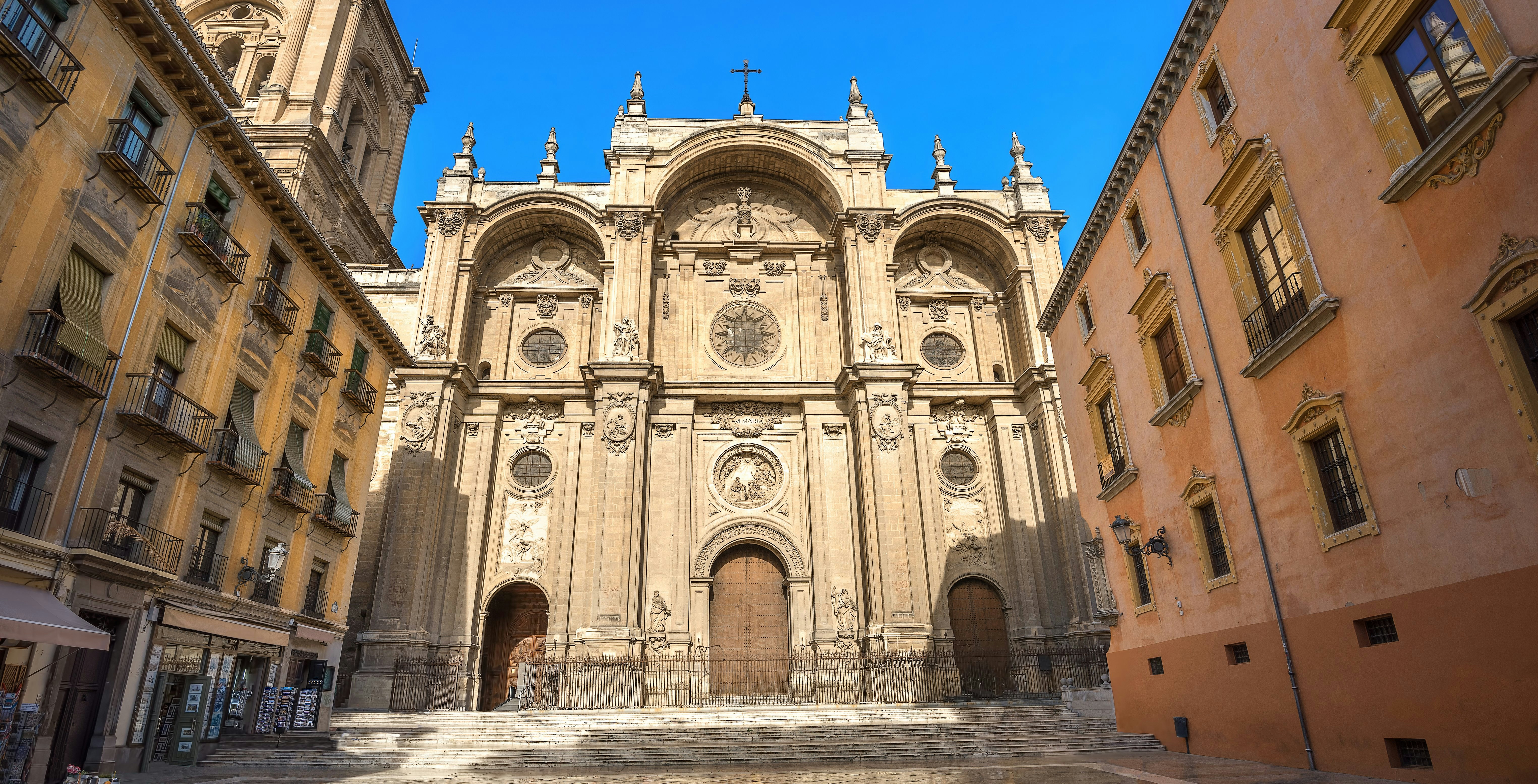 Granada Cathedral facade in Plaza Pasiegas, Granada, Andalusia, Spain.