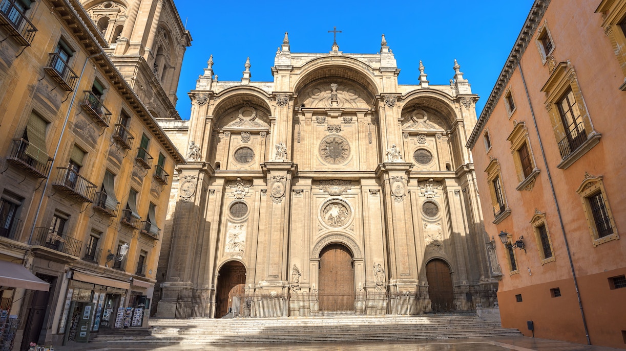 Granada Cathedral facade in Plaza Pasiegas, Granada, Andalusia, Spain.