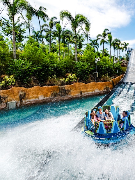 Raft descending the Infinity Falls river rapids ride at SeaWorld Orlando.