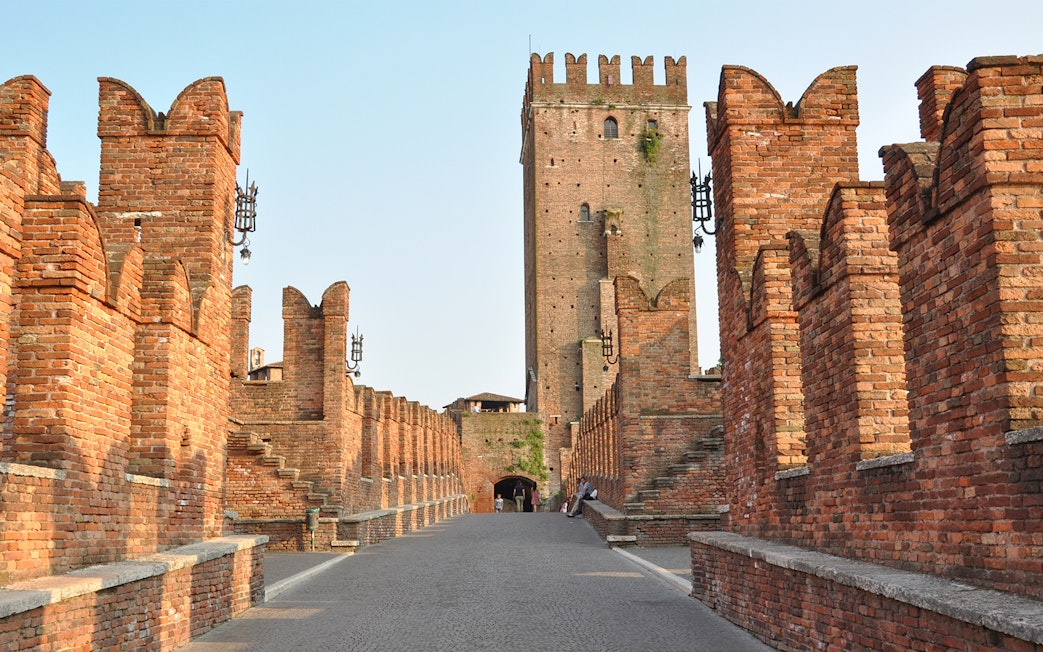 Castelvecchio Museum's brick walls and tower in Verona, Italy.