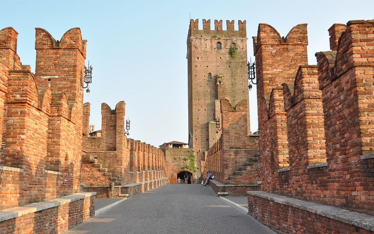 Castelvecchio Museum's brick walls and tower in Verona, Italy.