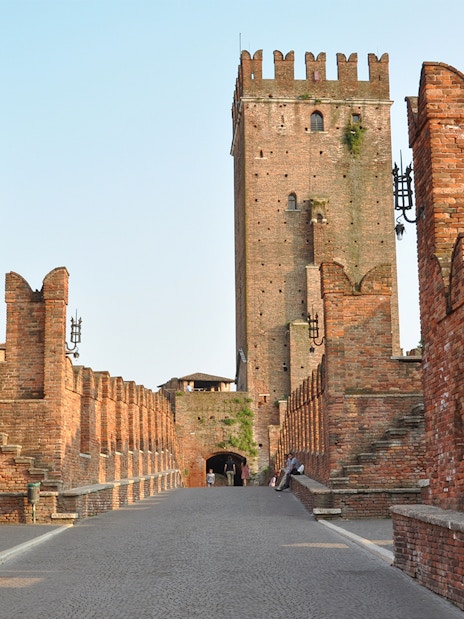 Castelvecchio Museum's brick walls and tower in Verona, Italy.