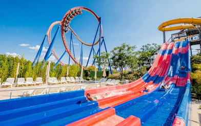 Water slides and roller coaster at Parque Warner Beach, Madrid.