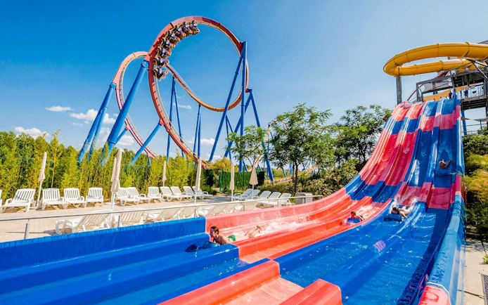 Water slides and roller coaster at Parque Warner Beach, Madrid.