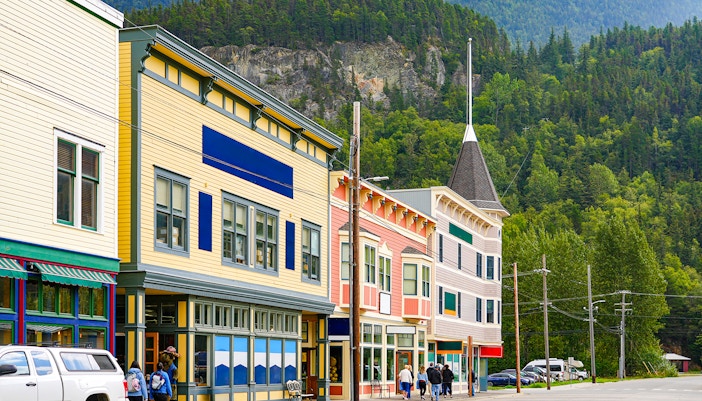 Colorful historic buildings in Klondike Gold Rush National Historic Park, Skagway, Alaska.