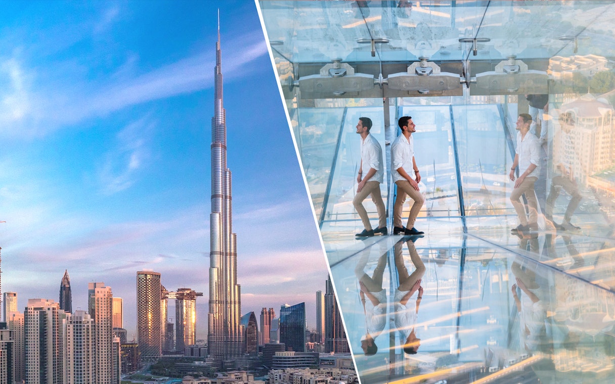 Burj Khalifa skyline view and person walking on Sky Views Edge Walk in Dubai.