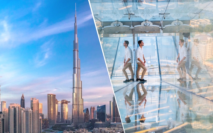 Burj Khalifa skyline view and person walking on Sky Views Edge Walk in Dubai.