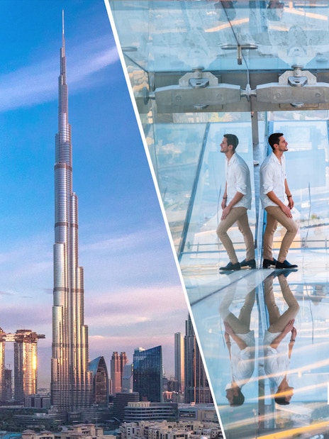 Burj Khalifa skyline view and person walking on Sky Views Edge Walk in Dubai.