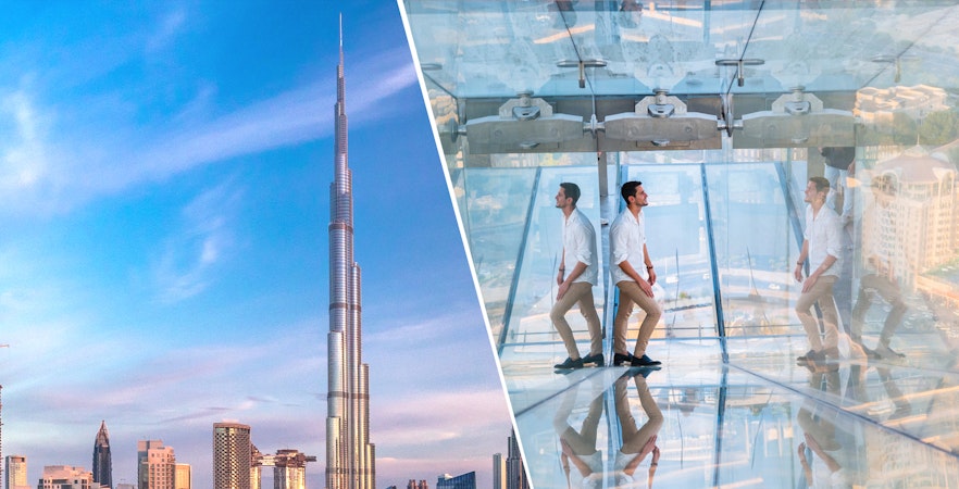 Burj Khalifa skyline view and person walking on Sky Views Edge Walk in Dubai.