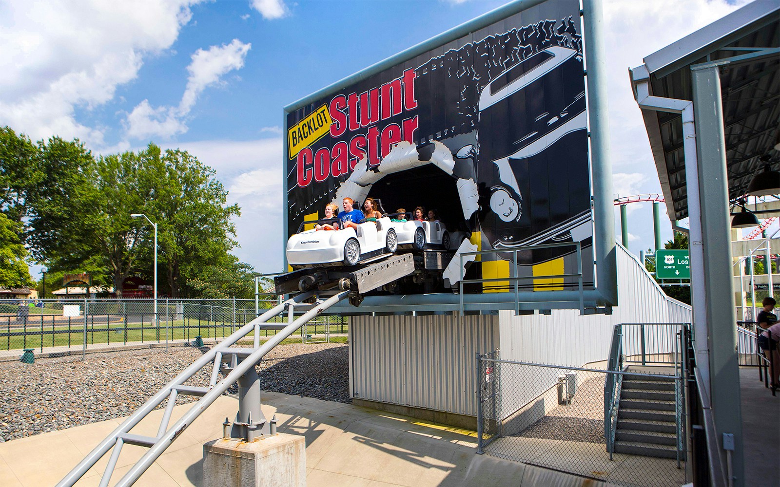 Riders on Backlot Stunt Coaster at Six Flags King's Dominion.