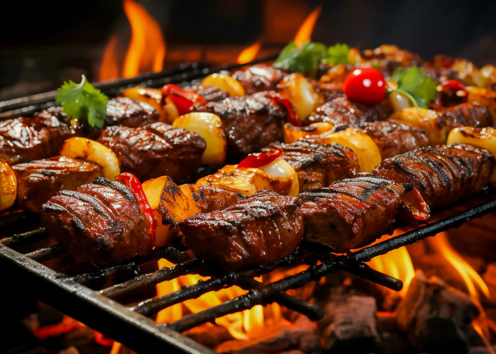 Grilled meat skewers over open flame at a Brazilian steakhouse in Rio de Janeiro.