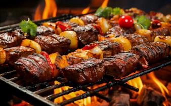 Grilled meat skewers over open flame at a Brazilian steakhouse in Rio de Janeiro.