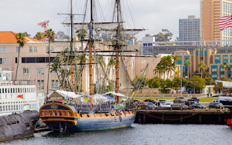 Historic sailing ship docked at San Diego harbor, part of Best of the Bay Harbor Tour.