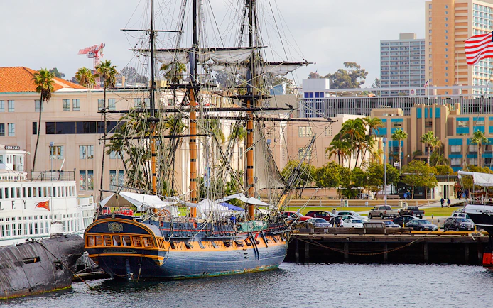 Historic sailing ship docked at San Diego harbor, part of Best of the Bay Harbor Tour.