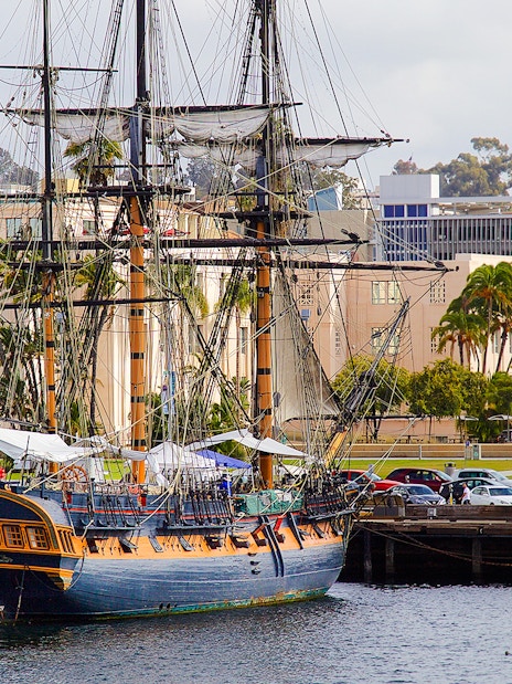 Historic sailing ship docked at San Diego harbor, part of Best of the Bay Harbor Tour.