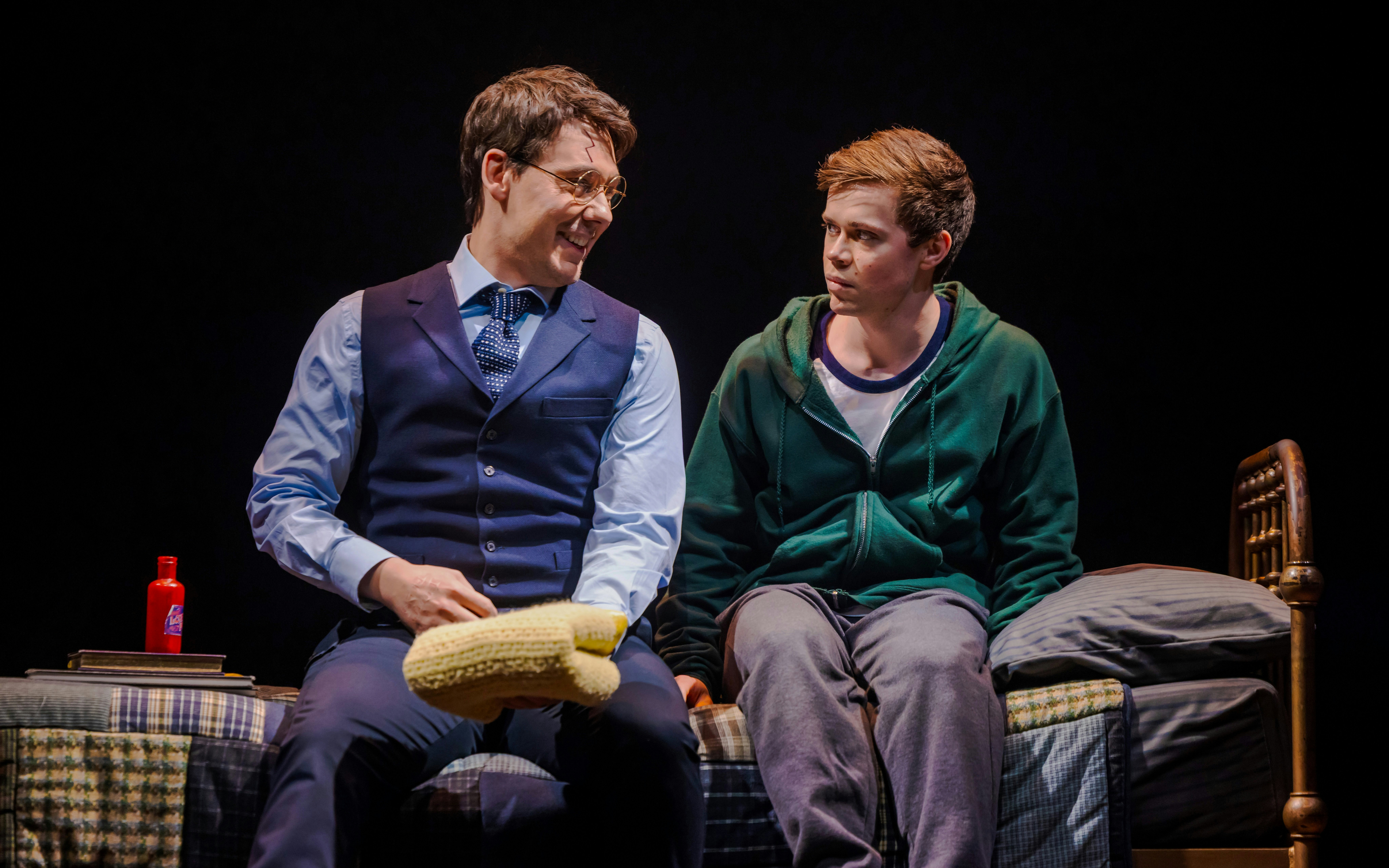 Two actors on stage during "Harry Potter and the Cursed Child" Broadway performance.