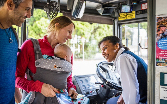 Family boarding bus for Blue Mountains Hop-On Hop-Off tour.