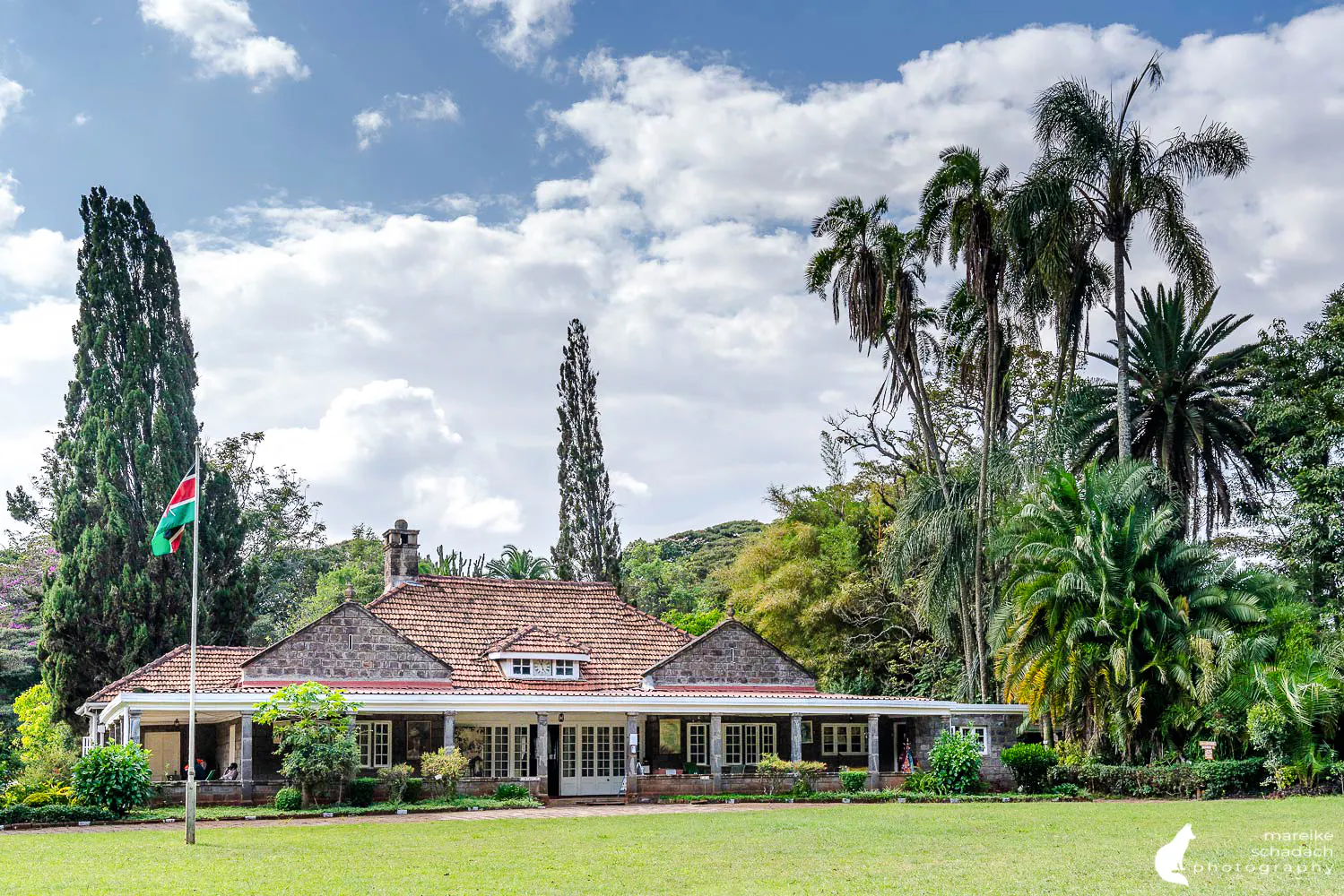 Historic Karen Blixen Museum in Nairobi surrounded by lush gardens.