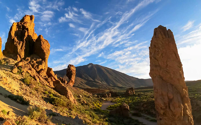 Mount Teide at sunset with rock formations in Tenerife, Spain.