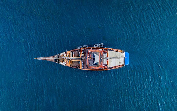 Aerial view of a pirate-themed dinner cruise ship on open water.
