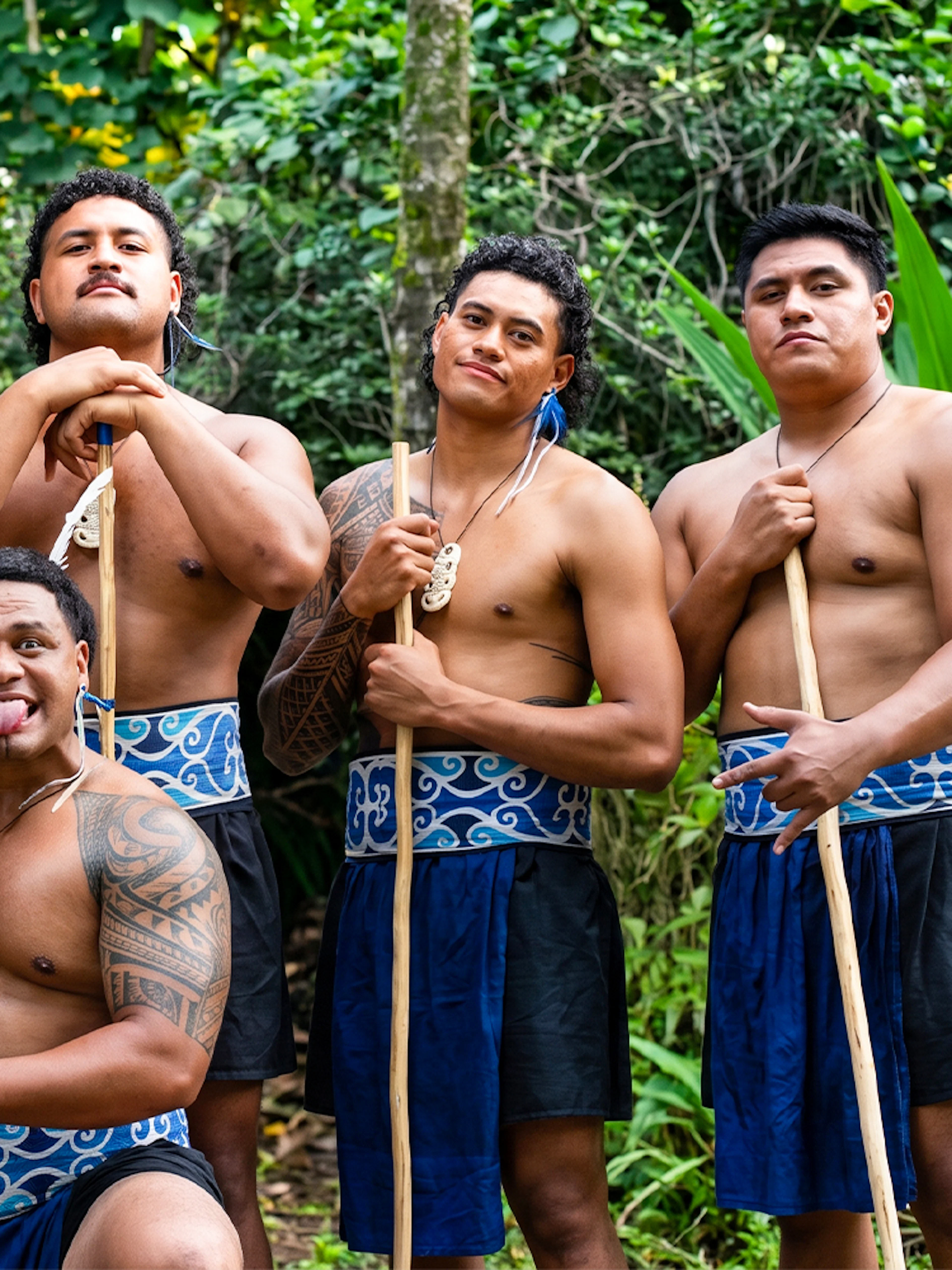 Polynesian men performing traditional haka at Toa Luau, Hawaii.
