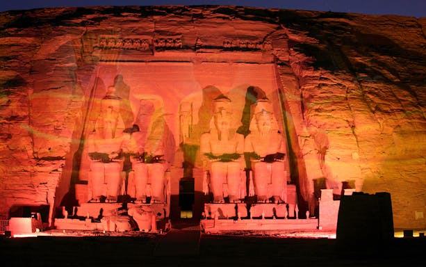 Sound and Light Show illuminating Abu Simbel temples, Aswan, Egypt.